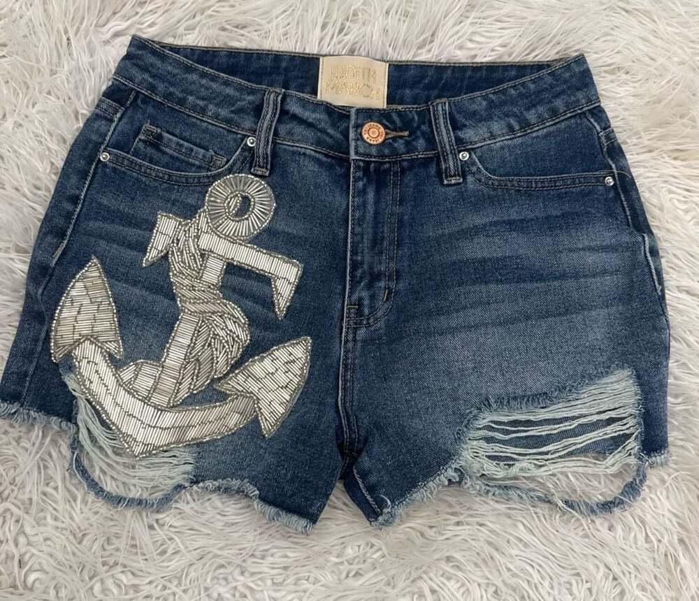 Judith March 5/27 Denim Shorts with Beaded Anchor Applique